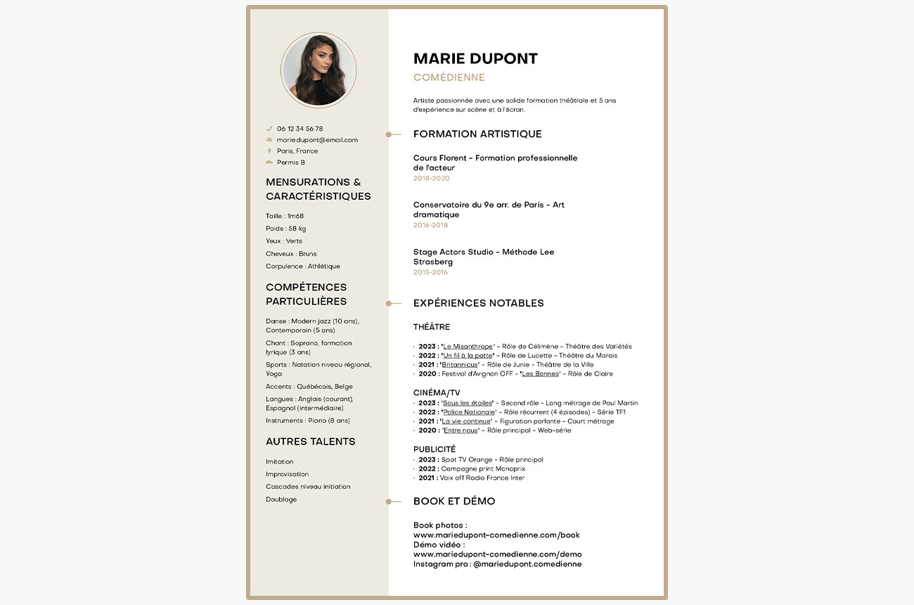 CV de comédien créé en ligne avec MakeMyCV